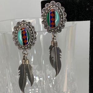 Vintage Q.T. Quoc Sterling Gemstone Inlay Earrings with Feather Dangles